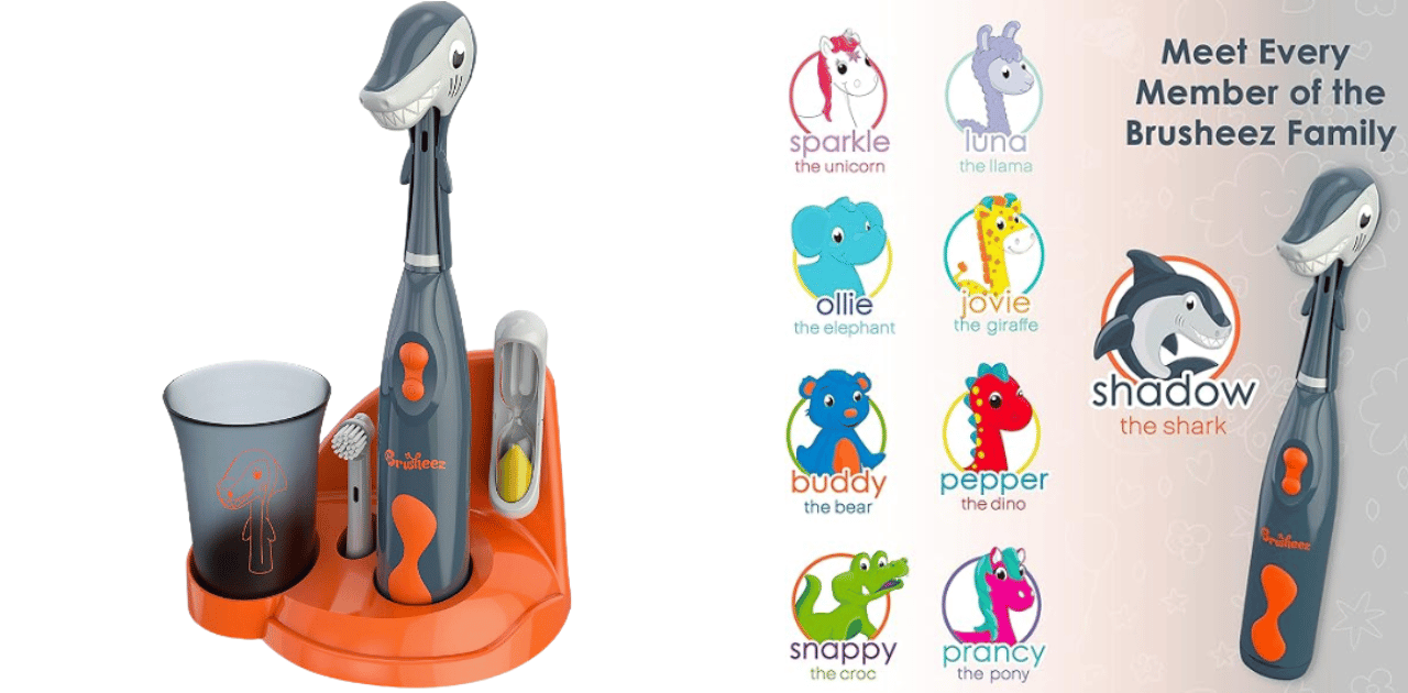 Brusheez® Kids’ Electric Toothbrush Set - Safe & Effective for Ages 3+ - Parent Tested & Approved with Gentle Bristles, 2 Brush Heads, Rinse Cup, 2-Minute Timer, & Storage Base (Shadow The Shark)