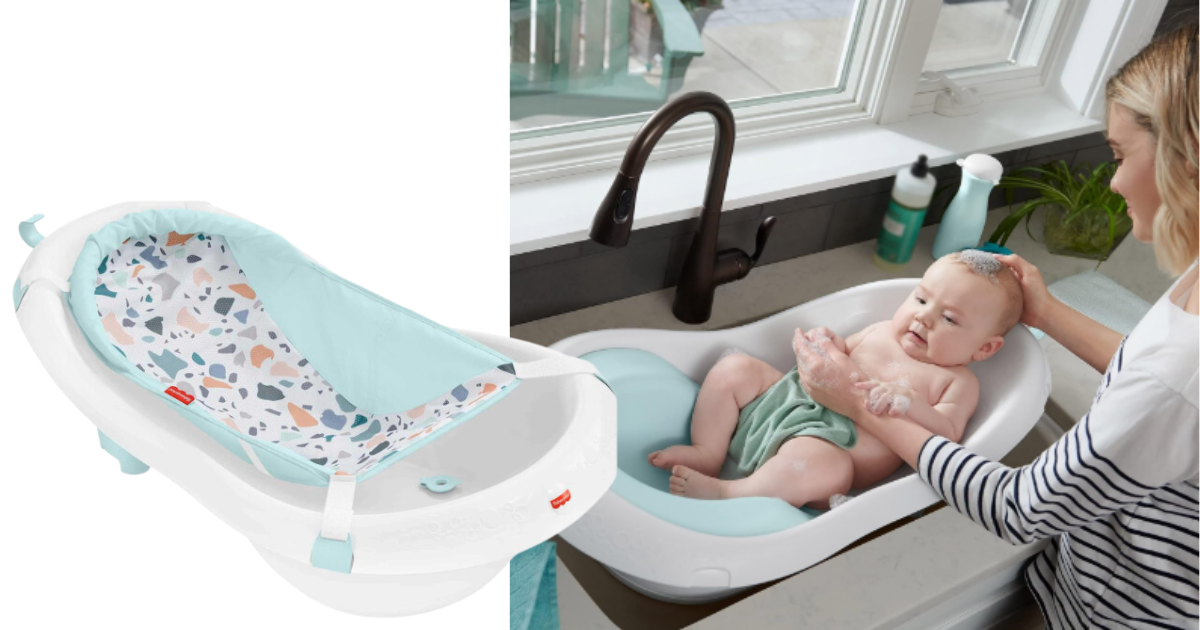 Fisher-Price Baby to Toddler Bath 4-in-1 Sling ‘n Seat Tub with Removable Infant Support and 2 Toys, Pacific Pebble