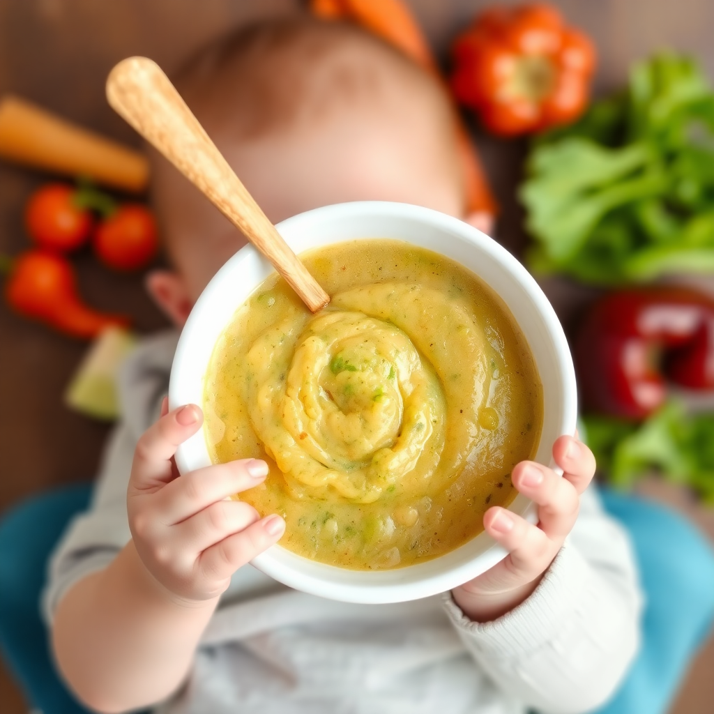 baby eat vegitables puree in a bowl