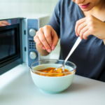 The parent is shown carefully stirring baby food in a microwave-safe bowl, with a gentle warm water bath setup visible in the background.