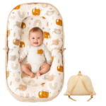 Baby Lounger, Foldable Infant Nest Pillow with Soft Memory Foam Mat, Cover with Adorable Pattern, Converts to Backpack for Easy Travel, 0-12 Months, White