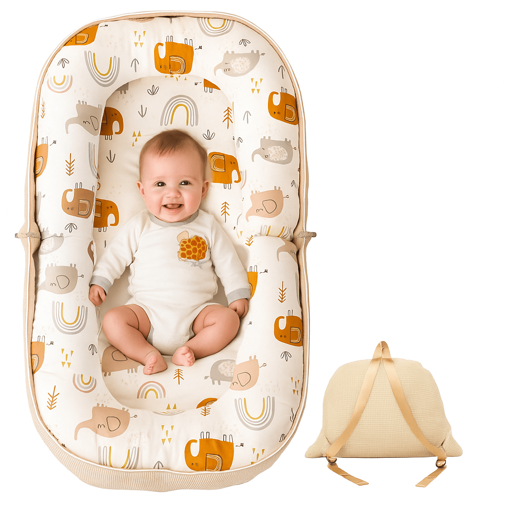 Baby Lounger, Foldable Infant Nest Pillow with Soft Memory Foam Mat, Cover with Adorable Pattern, Converts to Backpack for Easy Travel, 0-12 Months, White