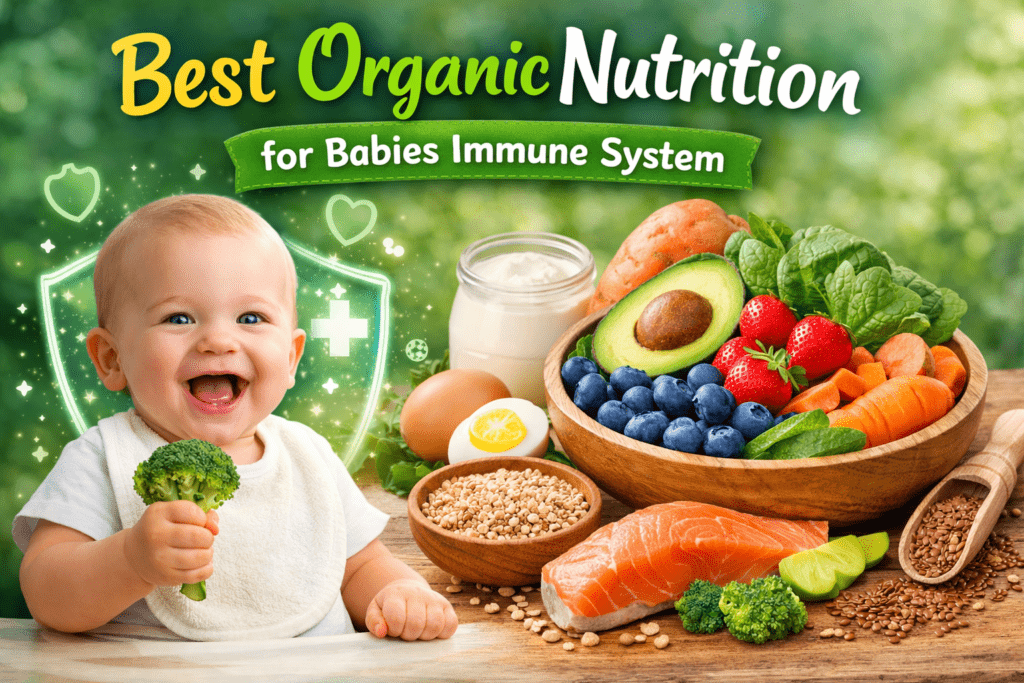 Best Organic Nutrition for Babies Immune System – A Complete Guide for Parents | themomandkids.com Why a Strong Immune System Matters in Babies A baby’s immune system is like a tiny training army learning how to defend the body for the first time. Unlike adults, babies aren’t born with fully developed immunity. Instead, their immune defenses grow gradually through exposure, nourishment, and care. That’s why nutrition plays such a powerful role during the first year of life. Every spoonful of food acts like a building block shaping how well their body fights infections. During infancy, babies frequently encounter new bacteria and viruses. Without proper nutrients, their immune response can become weak, making them more prone to colds, digestive issues, and skin problems. Organic nutrition supports this delicate phase by providing cleaner, nutrient-dense foods without unnecessary chemicals. Think of it like fueling a new engine with premium-quality fuel—it simply performs better. Parents often focus only on growth and weight gain, but immunity deserves equal attention. Strong immunity not only protects babies today but also influences long-term health outcomes, including allergy resistance and gut health stability throughout childhood. What Makes Organic Nutrition Different for Babies Organic nutrition isn’t just a trendy label—it’s about reducing exposure to substances that tiny developing bodies struggle to process. Organic foods are grown without synthetic pesticides, artificial fertilizers, or genetically modified ingredients. For babies, whose detox systems are still immature, this difference matters more than many parents realize. Conventional foods may carry trace chemical residues. While adults can often tolerate them, babies absorb nutrients—and toxins—more efficiently due to their smaller body size. Organic foods help minimize that exposure, allowing their immune systems to focus on growth rather than defense against unwanted chemicals. Another key advantage is nutrient density. Many organic fruits and vegetables contain higher antioxidant levels because they grow naturally and develop stronger self-defense compounds. These antioxidants support immune cells and help reduce inflammation in developing bodies. Choosing organic doesn’t mean perfection or pressure. Even small changes—like organic apples, carrots, or oats—can significantly improve nutritional quality. Think of organic nutrition as creating a cleaner foundation for your baby’s lifelong health journey. Breast Milk – The First Organic Superfood Before purees and finger foods ever appear, babies receive the ultimate immune booster: breast milk. Often called nature’s perfect food, breast milk is essentially organic nutrition designed specifically for human babies. It contains antibodies, enzymes, and immune factors that science still struggles to replicate completely. Colostrum, the first milk produced after birth, acts like a natural vaccine. It’s packed with immunoglobulins that protect babies against infections while their immune system learns to function independently. Even months later, breast milk continues adapting to a baby’s needs, adjusting nutrients based on growth and environmental exposure. Beyond antibodies, breast milk feeds beneficial gut bacteria. A healthy gut microbiome plays a central role in immunity because nearly 70% of immune cells live in the digestive system. That means every feeding strengthens internal defenses. For parents who combine breastfeeding with organic solids later, the benefits multiply. Breast milk lays the immune foundation, while organic foods reinforce it—working together like roots and branches supporting a growing tree. Essential Nutrients That Build Baby Immunity Not all calories are equal when it comes to immunity. Babies need specific nutrients that act as immune boosters rather than just energy sources. Key vitamins include Vitamin A for skin protection, Vitamin C for infection resistance, and Vitamin D for immune regulation. Minerals like zinc and iron also play vital roles in producing healthy immune cells. Healthy fats support cell development, while protein helps build antibodies. Fiber feeds beneficial gut bacteria, which indirectly strengthens immune defense. Imagine immunity as a puzzle—each nutrient is one essential piece completing the picture. Organic foods often provide these nutrients naturally without artificial fortification. For example, organic sweet potatoes deliver beta-carotene, while organic spinach offers iron and antioxidants simultaneously. Parents sometimes worry about complicated meal planning, but balance is simpler than it sounds. A colorful plate usually equals diverse nutrients. If meals include fruits, vegetables, healthy fats, and proteins, babies receive a wide immune-support system without needing supplements in most cases. Organic Fruits That Boost Baby Immunity Fruits are often a baby’s first introduction to solid foods, and organic options make them even more powerful. Fruits rich in Vitamin C and antioxidants help strengthen immune responses while supporting digestion and hydration. Top immune-supporting organic fruits include: Bananas for gentle digestion and potassium Apples for fiber and gut health Blueberries packed with antioxidants Pears for sensitive stomachs Mangoes rich in Vitamin A These fruits act like natural shields, helping babies fight inflammation and supporting healthy cell development. Organic varieties reduce pesticide exposure, especially important because fruit skins can retain residues. Preparation matters too. Steaming or mashing fruits preserves nutrients while making them easy to digest. Avoid added sugar—babies don’t need sweetness enhanced artificially. Nature already provides the perfect flavor balance. Introducing a variety of fruits early helps babies develop taste acceptance, which later encourages healthier eating habits. Think of it as training their taste buds toward immunity-friendly choices from day one. Organic Vegetables for Immune Defense Vegetables are the true superheroes of immune nutrition. Organic vegetables deliver vitamins, minerals, and phytonutrients that help babies develop strong natural defenses. Leafy greens and colorful vegetables contain antioxidants that protect cells from damage. Excellent organic vegetable choices include carrots, spinach, broccoli, pumpkin, and sweet potatoes. Orange vegetables supply beta-carotene, which converts into Vitamin A—essential for skin and respiratory protection. Green vegetables contribute iron and folate, supporting blood health and energy levels. Cooking methods make a big difference. Light steaming softens vegetables while maintaining nutrients. Overcooking, however, reduces vitamin content. Pureeing vegetables with a little breast milk or warm water improves texture and taste acceptance. Many parents worry babies won’t like vegetables. The trick is repetition. Babies may need multiple exposures before accepting new flavors. Treat vegetables like learning a new language—practice makes comfort. Over time, these nutrient-packed foods become familiar and enjoyable, strengthening immunity naturally. Healthy Organic Fats for Brain and Immune Health Fats often get misunderstood, but for babies, they are essential—not optional. Healthy organic fats support brain development while also helping immune cells function properly. Without adequate fats, nutrient absorption becomes less effective, especially for fat-soluble vitamins like A, D, E, and K. Avocados are one of the best first foods because they contain gentle, easily digestible fats. Organic olive oil added in small amounts to purees enhances nutrient absorption. Coconut oil can also provide quick energy and antimicrobial benefits. Omega-3 fatty acids play a special role in reducing inflammation and supporting immune regulation. These fats help balance immune responses so the body reacts appropriately to threats without overreacting. Think of fats as delivery vehicles transporting nutrients throughout the body. Without them, vitamins struggle to reach where they’re needed most. Including small portions of organic healthy fats daily ensures babies receive both brain and immune benefits simultaneously. Organic Proteins That Strengthen Immunity Protein is the raw material the body uses to build antibodies—the soldiers of the immune system. Babies need steady protein intake once solid foods begin to support muscle growth and immune development. Organic lentils, chickpeas, and soft beans offer plant-based protein along with fiber and minerals. For families including animal products, organic eggs and well-cooked organic chicken provide highly absorbable protein and essential amino acids. Protein also supports enzyme production, which helps digestion and nutrient absorption. Better digestion equals better immunity because nutrients are utilized efficiently. Texture matters for babies. Proteins should be mashed or blended to prevent choking risks. Combining protein with vegetables creates balanced meals that sustain energy longer and stabilize blood sugar levels. Rather than focusing on large portions, consistency works best. Small daily servings help maintain steady immune support, much like watering a plant regularly instead of flooding it occasionally. The Role of Probiotics in Baby Immunity A baby’s gut is like a bustling ecosystem filled with beneficial bacteria that influence immunity. Probiotics help maintain this balance, ensuring harmful microbes don’t dominate. Since most immune cells live in the gut, digestive health directly impacts overall resistance to illness. Natural probiotic sources for babies include yogurt made from organic milk (after appropriate age introduction) and fermented foods in baby-safe forms. Breast milk also naturally contains prebiotics that feed beneficial bacteria. A healthy gut microbiome improves nutrient absorption, reduces inflammation, and strengthens immune signaling. Babies with balanced gut bacteria often experience fewer digestive problems and infections. Parents should introduce probiotic foods gradually and monitor reactions carefully. Every baby’s gut develops differently, so slow introduction allows adaptation. Think of probiotics as gardeners nurturing the soil so strong immunity can grow naturally. Organic Grains and Fiber for Digestive Health Whole organic grains provide gentle energy and essential fiber that supports digestion. Foods like organic oats, brown rice, and quinoa help regulate bowel movements while feeding beneficial gut bacteria. Fiber acts like a cleaning system, supporting toxin removal and improving gut balance. When digestion works smoothly, immune function improves because the body isn’t stressed by inflammation or discomfort. Organic grains also provide B vitamins, which support energy metabolism and immune cell production. Starting with single-grain cereals helps parents identify sensitivities while building dietary variety gradually. Cooking grains until soft ensures easy digestion. Mixing grains with vegetables or fruits enhances both flavor and nutrient diversity. Over time, babies learn to enjoy complex textures and flavors, strengthening both digestive resilience and immune response. Balanced grain intake complements fruits, vegetables, and proteins, creating meals that sustain energy and protect health simultaneously. Foods to Avoid That Weaken Baby Immunity While focusing on healthy foods is important, avoiding harmful options matters just as much. Processed baby foods with added sugars, preservatives, or artificial flavors can disrupt gut health and weaken immune responses. Hidden sugars are especially problematic. They may reduce beneficial bacteria and promote inflammation. Similarly, excessive salt places stress on developing kidneys and overall metabolism. Honey should be avoided before age one due to safety risks. Highly processed snacks may seem convenient but often lack essential nutrients needed for immune development. Parents should also avoid introducing too many packaged foods early. Homemade organic meals allow full control over ingredients and freshness. Think of processed foods as empty fuel—they fill the stomach but don’t strengthen the immune system. Reading labels carefully and choosing simple, whole ingredients helps protect babies during this critical development phase. Creating an Organic Meal Plan for Babies Building an organic meal plan doesn’t require perfection—it requires balance. A simple approach includes combining fruits, vegetables, grains, proteins, and healthy fats across the week. For example: Morning: mashed fruit with oats Afternoon: vegetable puree with lentils Evening: avocado or sweet potato mash Rotating foods ensures exposure to diverse nutrients while reducing allergy risks. Age matters too. Younger babies need smoother textures, while older infants can explore soft finger foods. Consistency helps babies feel secure and supports digestion. Offering meals at predictable times encourages appetite regulation and healthy eating habits. Parents should focus on variety rather than quantity. Babies naturally regulate intake when provided nutrient-rich foods. Organic meal planning becomes easier when preparing family meals adapted for baby-safe textures, saving time while maintaining nutrition quality. Tips for Introducing Organic Foods Safely Introducing new foods should feel exciting, not stressful. The best strategy is the “one new food at a time” rule, allowing parents to monitor reactions such as rashes or digestive discomfort. Start with small portions and gradually increase quantity. Watch for allergy signs, especially when introducing common allergens like eggs or dairy. Pediatric guidance can help determine timing based on individual development. Texture progression is also important. Begin with smooth purees, then move toward mashed and soft finger foods as chewing skills improve. Avoid forcing food—babies learn through exploration and repetition. Creating a calm feeding environment encourages curiosity and positive associations with healthy foods. Think of mealtime as discovery rather than obligation. Safe introduction builds confidence for both parents and babies while ensuring nutrition supports immunity without unnecessary risks. Common Mistakes Parents Make with Baby Nutrition Many parents unknowingly focus too much on quantity instead of quality. Overfeeding doesn’t strengthen immunity; nutrient diversity does. Another common mistake is delaying vegetables while prioritizing sweet foods, which shapes long-term taste preferences. Relying heavily on packaged baby snacks can also reduce nutrient intake. These foods often lack the vitamins and minerals essential for immune growth. Skipping healthy fats is another oversight, even though fats help absorb critical nutrients. Parents sometimes introduce multiple new foods at once, making it difficult to identify sensitivities. Others worry excessively about messiness, limiting babies’ ability to explore textures. Remember, feeding is a learning process. Babies don’t need perfection—they need consistency, variety, and patience. Small adjustments in daily feeding habits can dramatically improve immune support and overall health outcomes. Long-Term Benefits of Organic Nutrition for Babies Organic nutrition doesn’t just protect babies today—it shapes lifelong health patterns. Babies exposed to diverse whole foods early often develop stronger immunity, fewer allergies, and healthier eating habits later in childhood. A balanced gut microbiome established during infancy can influence digestion, mood regulation, and disease resistance years later. Organic foods also encourage natural taste development, helping children prefer whole foods over processed snacks. Parents often notice improved digestion, stable energy, and fewer minor illnesses when nutrition focuses on whole organic ingredients. These early benefits compound over time, like interest growing in a savings account. Ultimately, organic nutrition teaches children that food is nourishment, not just convenience. By prioritizing clean, nutrient-dense meals early, parents invest in stronger immunity, healthier growth, and better lifelong wellness. Conclusion Building a baby’s immune system starts with what goes on the spoon. Organic nutrition provides cleaner, nutrient-rich foods that support gut health, strengthen immune defenses, and encourage healthy development from the very beginning. From breast milk and colorful vegetables to healthy fats and probiotics, every choice contributes to stronger protection against illness. Parents don’t need complicated diets or expensive supplements—just real, whole foods prepared with care. Small daily decisions create lasting health benefits. By choosing organic nutrition, families create a foundation for resilience, growth, and lifelong wellness. At themomandkids.com, the goal is simple: help parents nurture healthier, happier children through informed and loving choices. FAQs 1. When should I start organic foods for my baby? Most babies can begin organic solids around 6 months, depending on developmental readiness. 2. Are organic foods really better for immunity? Yes, they reduce chemical exposure and often provide higher antioxidant levels that support immune health. 3. Can formula-fed babies still benefit from organic nutrition? Absolutely. Organic fruits, vegetables, and grains still strengthen immunity regardless of feeding method. 4. Do babies need supplements if they eat organic foods? Usually not, unless recommended by a pediatrician. Balanced nutrition often provides sufficient nutrients. 5. How do I afford organic baby food on a budget? Focus on priority items like fruits and vegetables, buy seasonal produce, and prepare homemade meals.